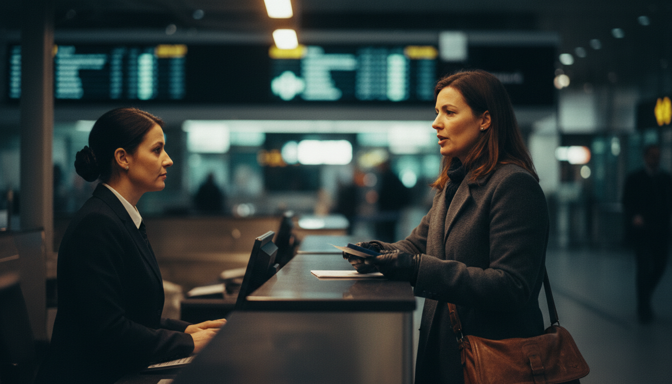 Английский для путешествий — женщина уверенно говорит с сотрудником аэропорта
