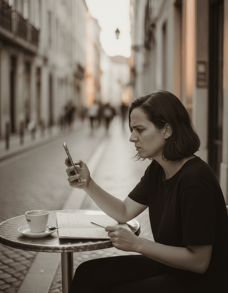 Путешественник в кафе пытается заказать через Google Translate